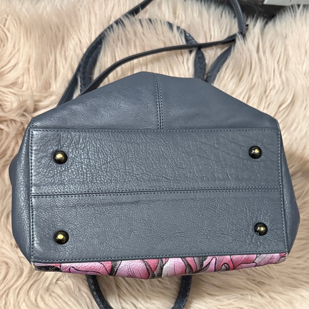 RARE Anuschka Floral Gray and Pink Handbag small to medium - Picture 9 of 10